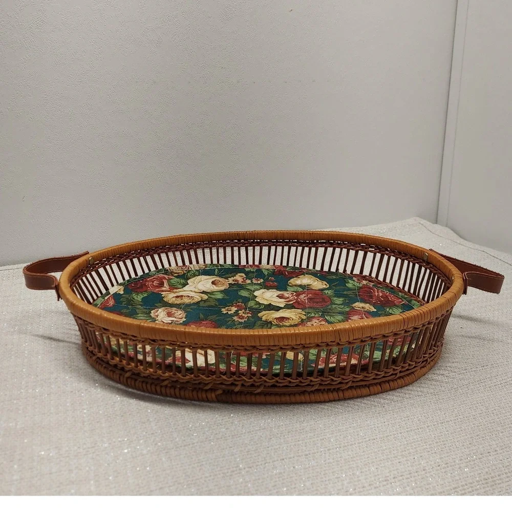 Vintage Oval Wicker Serving Tray Floral Quilted Liner Wood Base 16